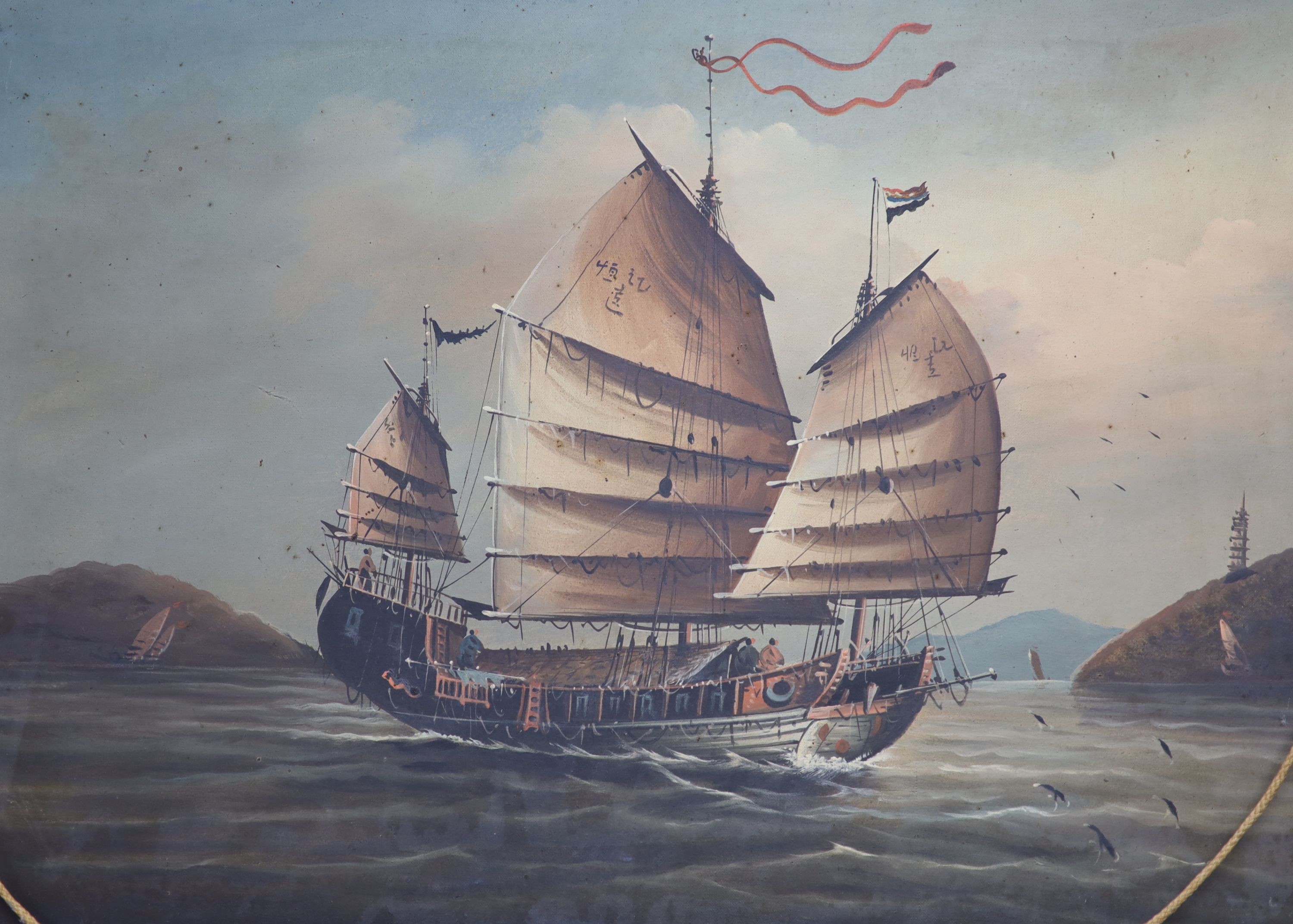 Chinese school circa 1900, pair of oils on canvas, HMS Foxglove & a junk at sea, 30 x 42cm.